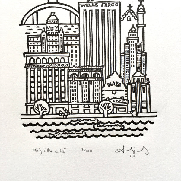 “Big Little City” Hand printed Linoleum