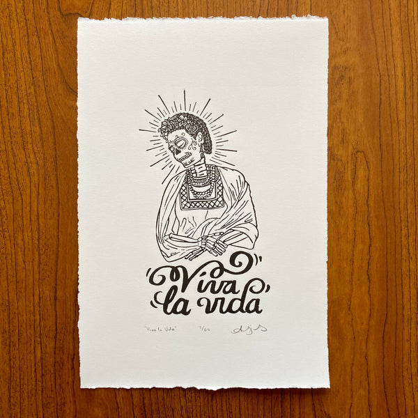 “Viva la Vida” Frida Kahlo Catrina, Hand Printed Linoleum on Paper